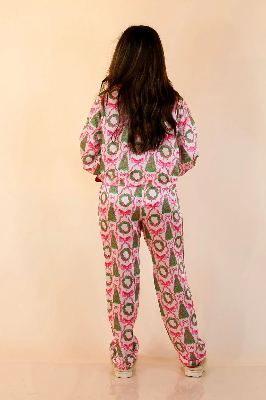 River Core NonRestrictive Movement Simply Southern | Sweet Slumber Matching PJ Satin Set with Bow Detailing and Christmas Trees in Ivory