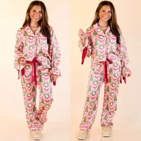 Comfortable Shorts Layer Safe Simply Southern | Sweet Slumber Matching PJ Satin Set with Bow Detailing and Christmas Trees in Ivory