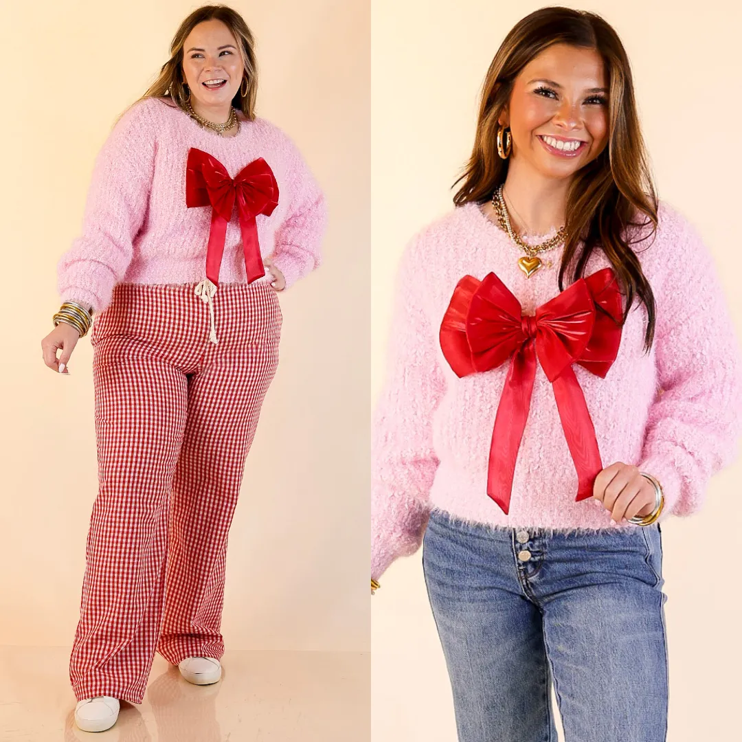 UVProtection Simply Southern | Tied to Perfection Eyelash Textured Knit Sweater with Red Bow in Pink