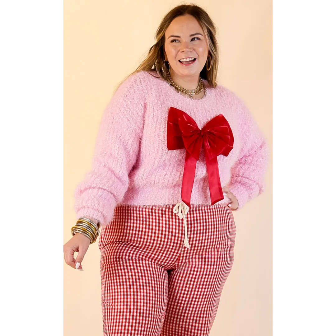 Simply Southern | Tied to Perfection Eyelash Textured Knit Sweater with Red Bow in Pink Abrasion Resistant Fabric Buttonless Closure