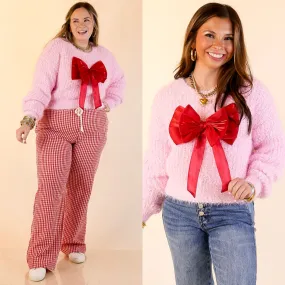 UVProtection Simply Southern | Tied to Perfection Eyelash Textured Knit Sweater with Red Bow in Pink