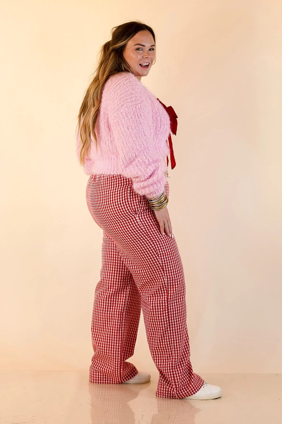 Simply Southern | Tied to Perfection Eyelash Textured Knit Sweater with Red Bow in Pink Rubberized grip