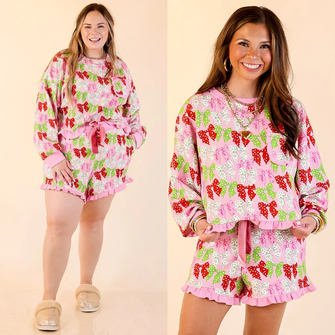 Simply Southern | Wrapped in Joy Matching PJ Set with Polka Dot Bows and Ruffle Detailing in Pink Trendy Design