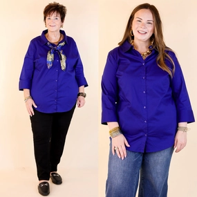 Simply Chic Collared Button Up Top with 3/4 Sleeves in Royal Blue Recycled Polyester Blend Ventilated Side Panels