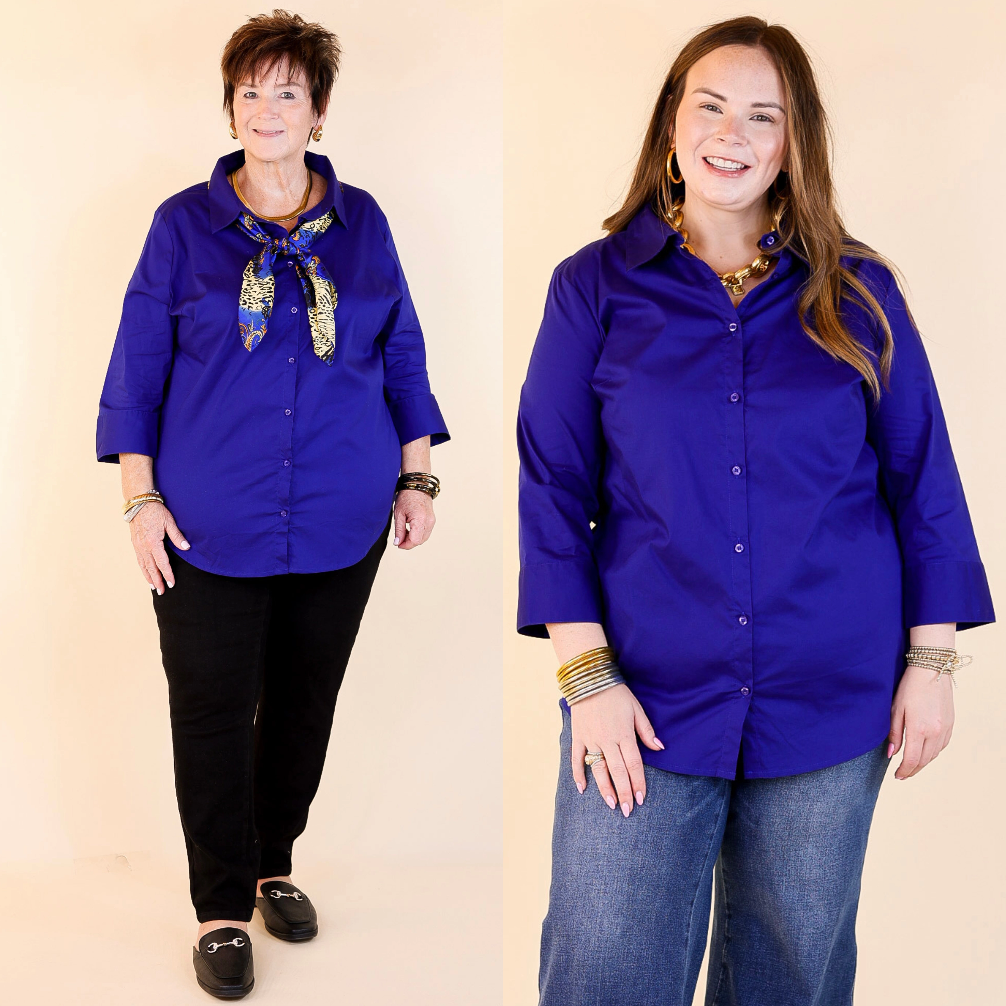 Simply Chic Collared Button Up Top with 3/4 Sleeves in Royal Blue Recycled Polyester Blend Ventilated Side Panels