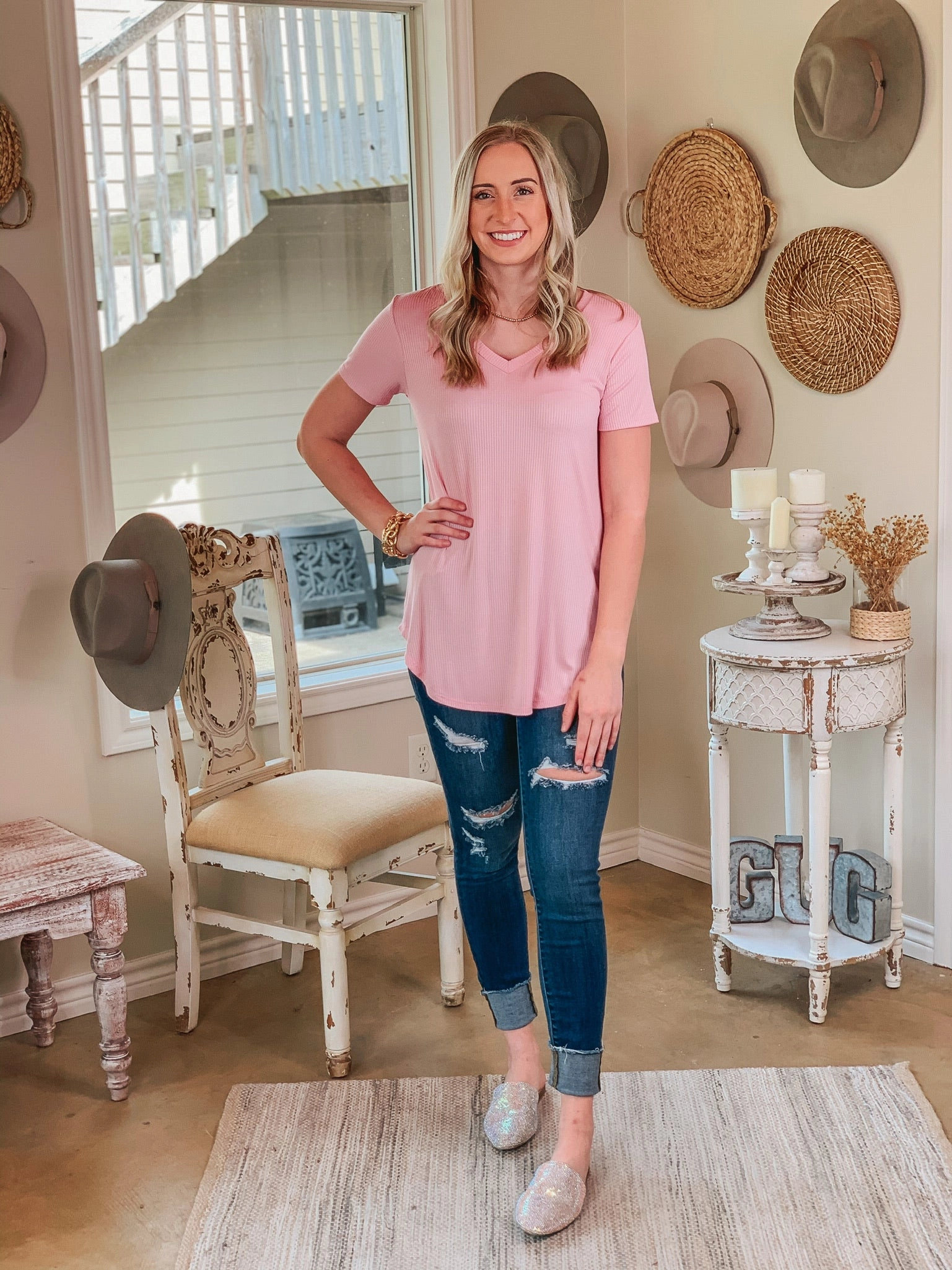 Simply Obsessed Ribbed Short Sleeve V Neck Top in Light Pink DoubleStitchedSeams