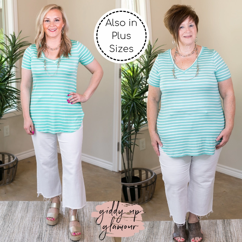 Simply The Best Striped V Neck Short Sleeve Tee Shirt in Mint casual top