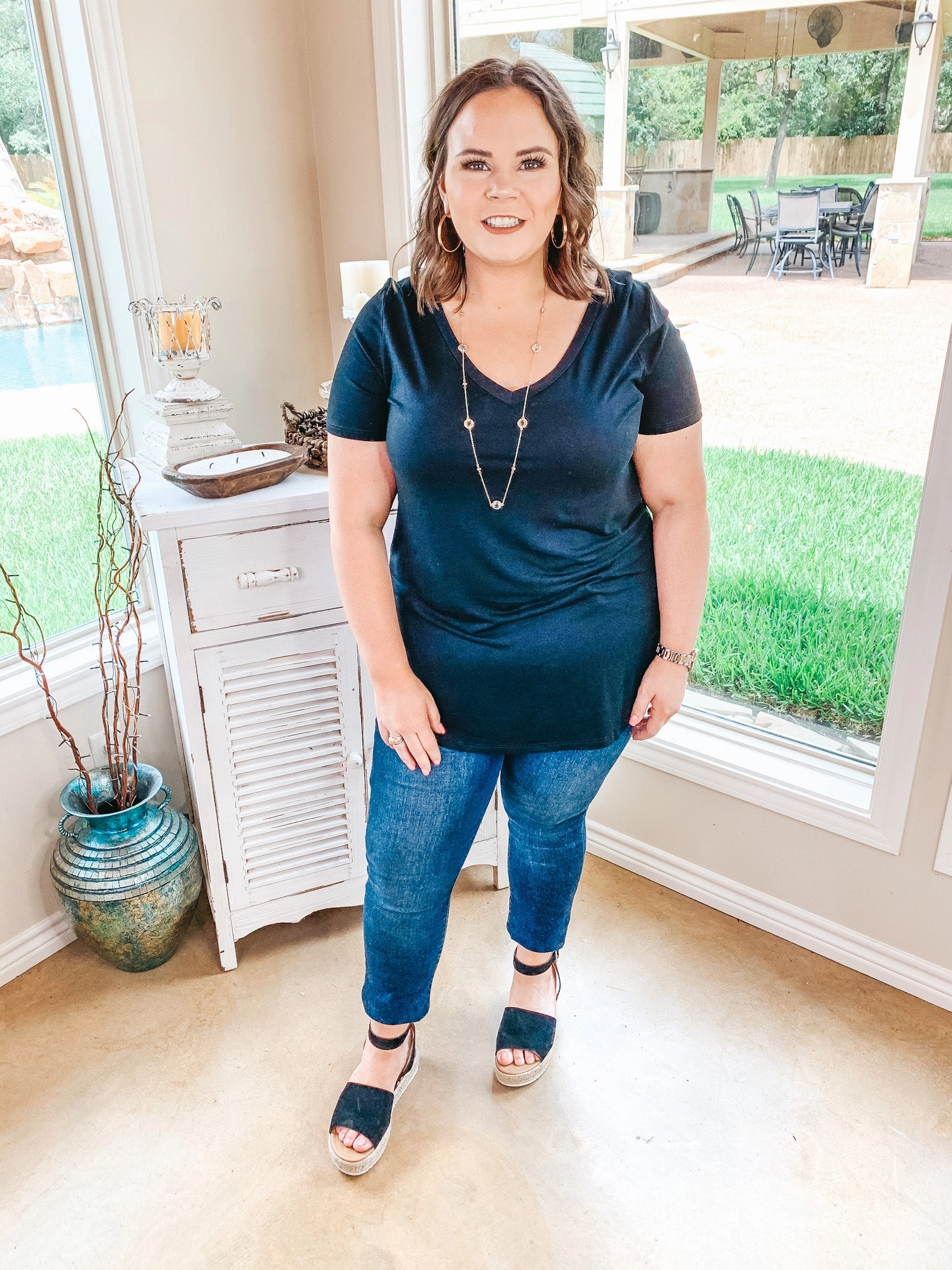 Simply The Best V Neck Short Sleeve Tee Shirt in Black AdjustableClosure EcoFriendlyTexture