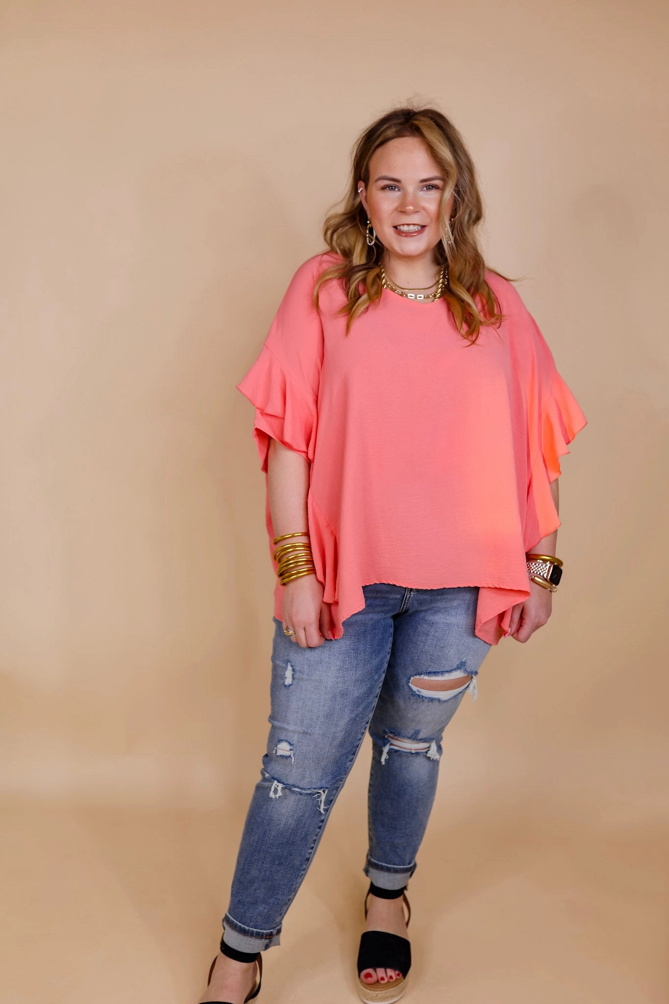 Sip of Spring Ruffle Sleeve Shift Top with V Neckline in Coral Orange Sporty Shorts
