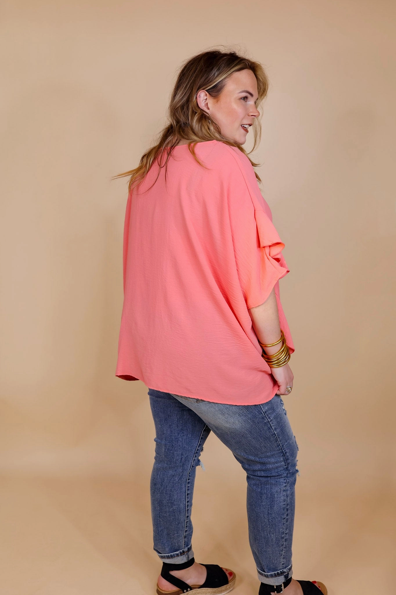 Sip of Spring Ruffle Sleeve Shift Top with V Neckline in Coral Orange Stylish Bottom VersatileCuff