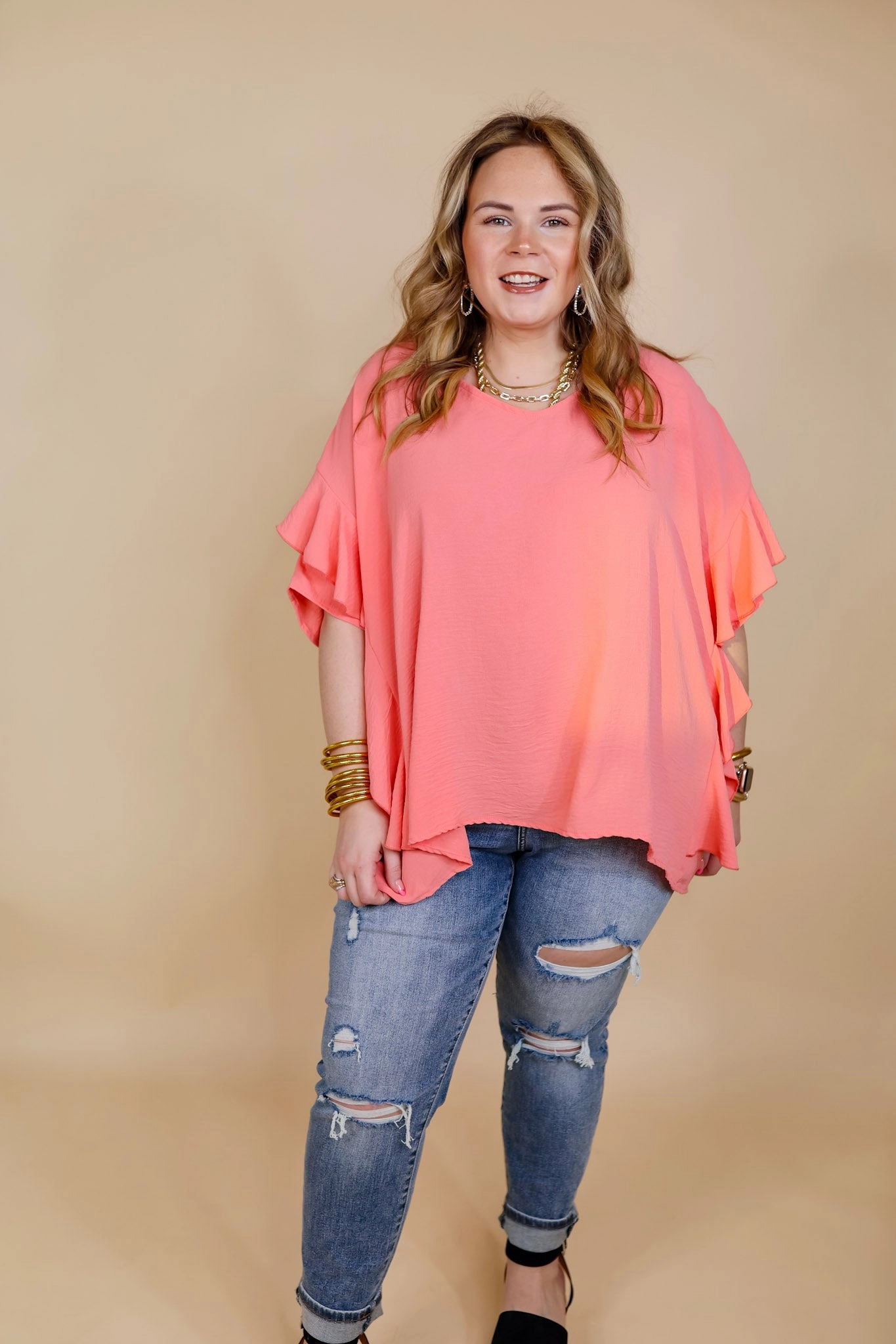 Balance Core Sip of Spring Ruffle Sleeve Shift Top with V Neckline in Coral Orange