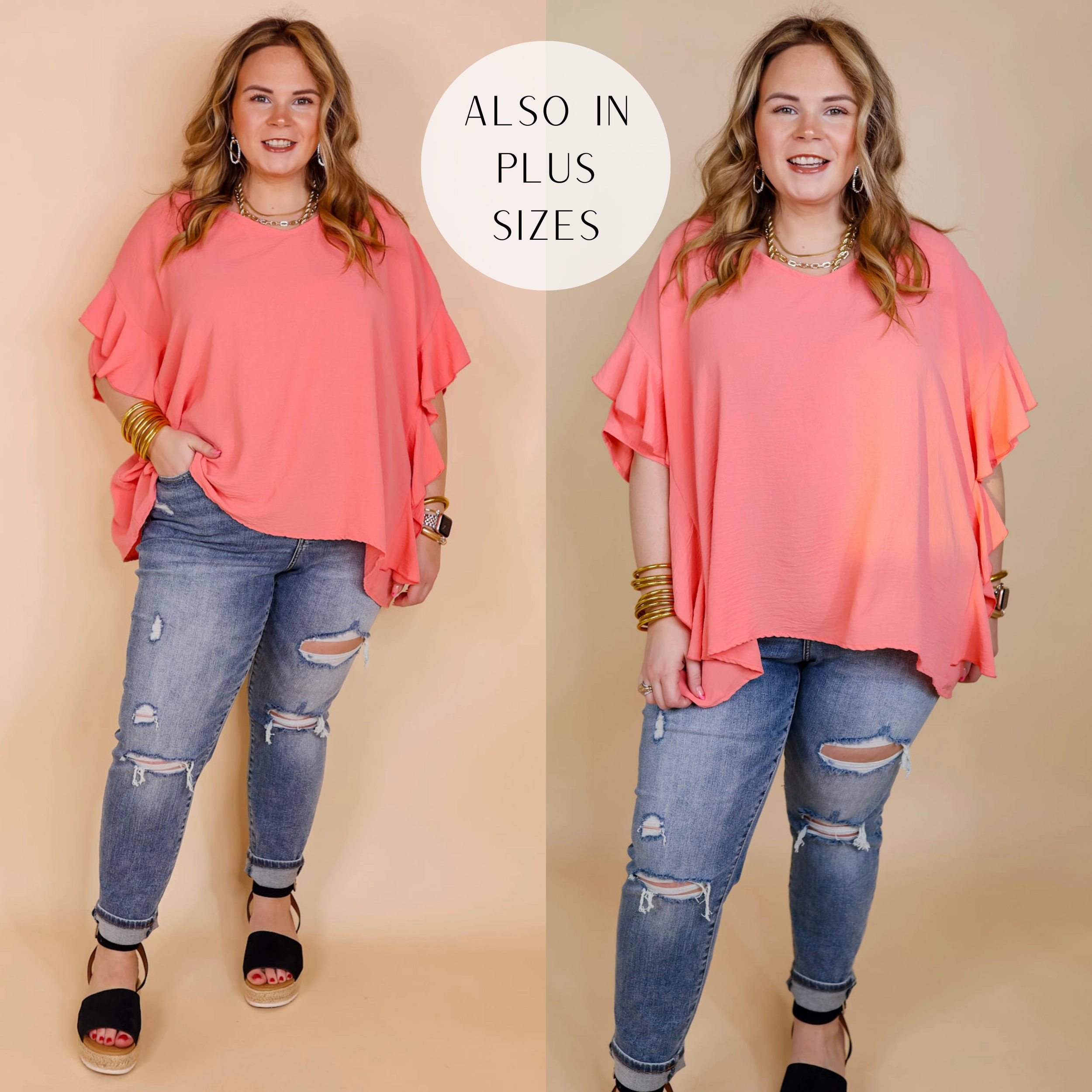 StretchFit Sip of Spring Ruffle Sleeve Shift Top with V Neckline in Coral Orange