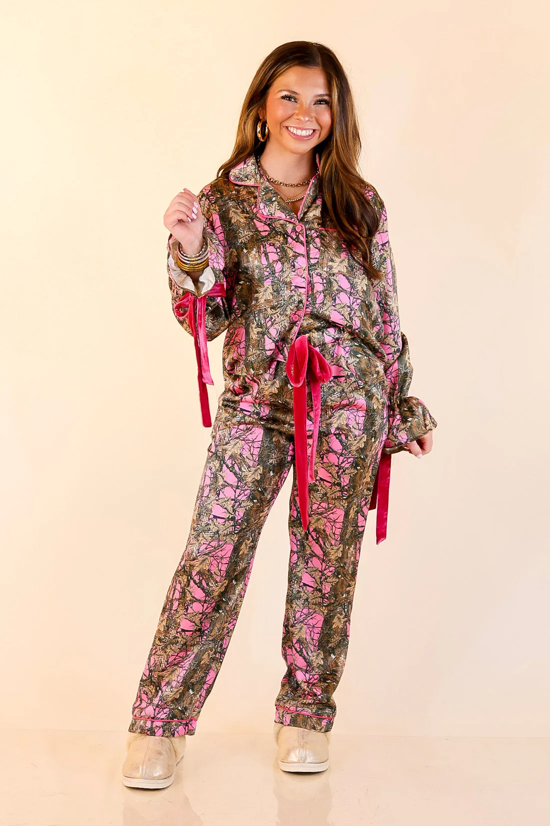 Simply Southern | Sweet Slumber Matching PJ Satin Set with Bow Detailing in Pink Camoflauge Aerated Seam Placement FourWayStretch