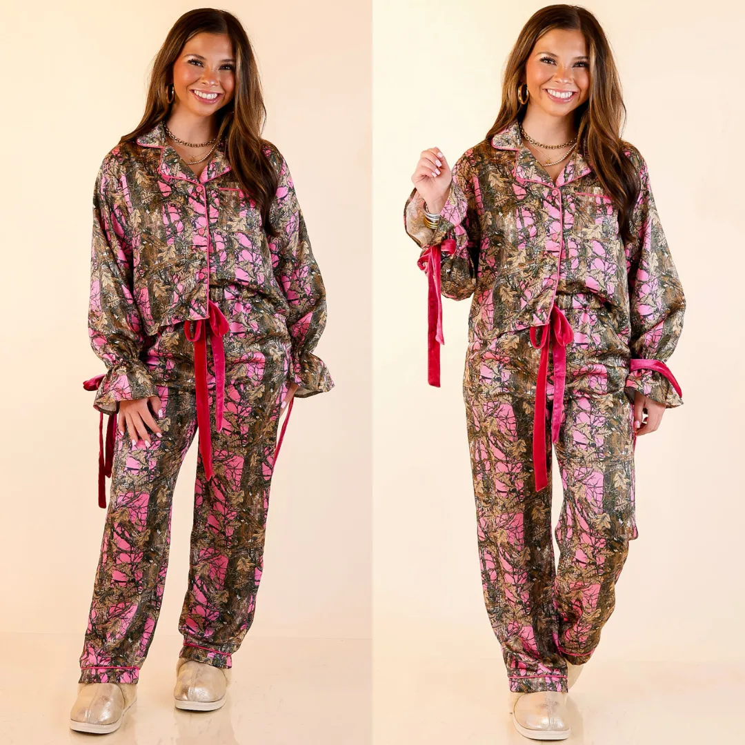 Simply Southern | Sweet Slumber Matching PJ Satin Set with Bow Detailing in Pink Camoflauge MachineWashable