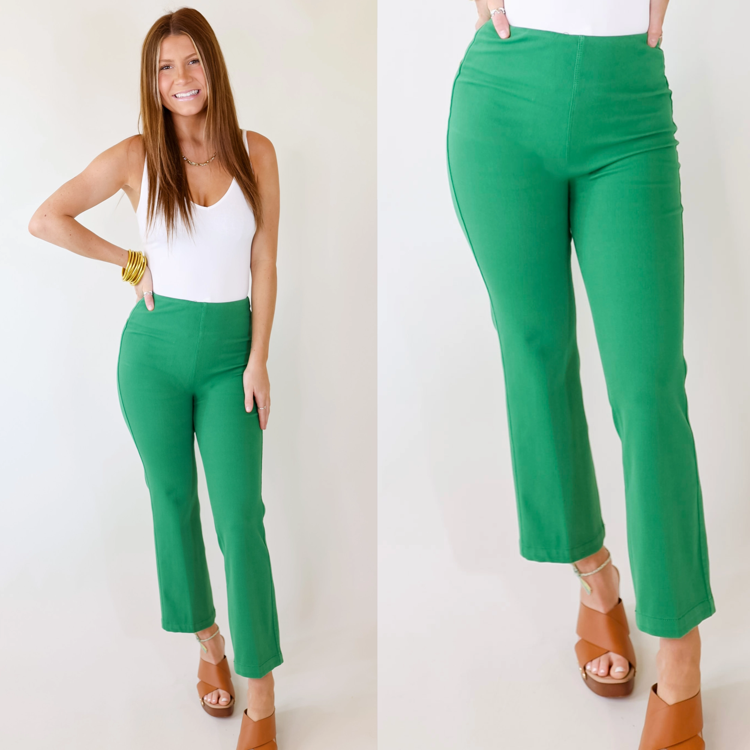 SoftenedEdges Story Glow Lyss?? | Denim Baby Bootcut Ankle Pants in Lily Pad Green