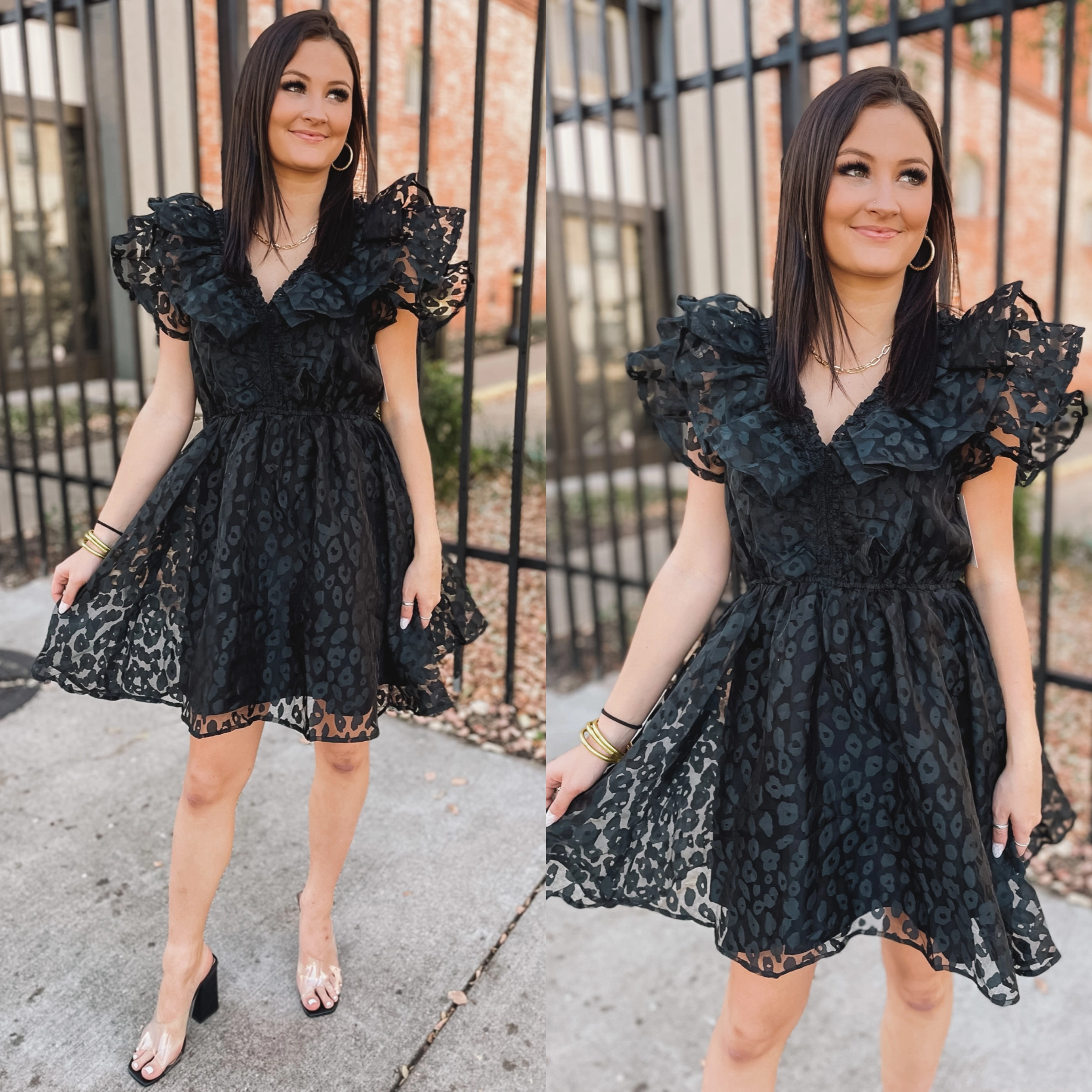 Natural Drape Welcome To Hollywood Sheer Leopard Print Dress with Ruffle Detail in Black