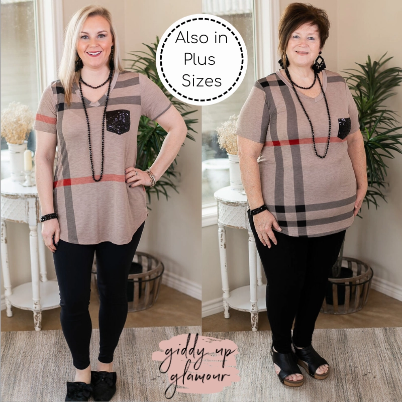Last Chance Small & Med. | Sparkle Just Right Plaid Sequin Pocket Tee in Mocha Brown Creative Glow Game Core