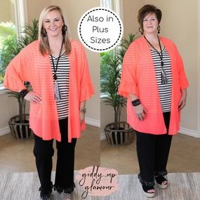 Desert Heat Tell Me About It Sheer Kimono with Ruffle Sleeves in Neon Coral