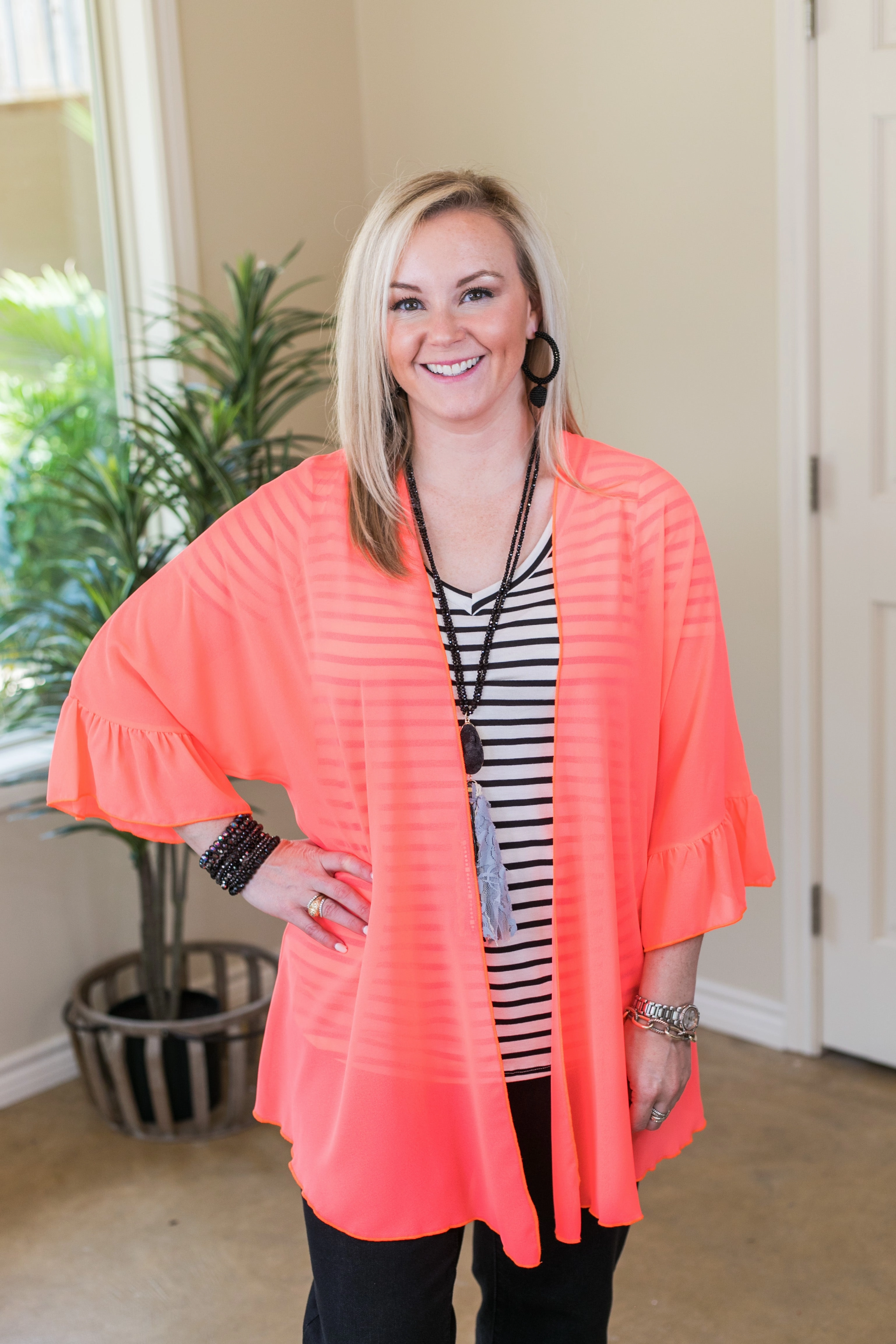 AI Core Tell Me About It Sheer Kimono with Ruffle Sleeves in Neon Coral