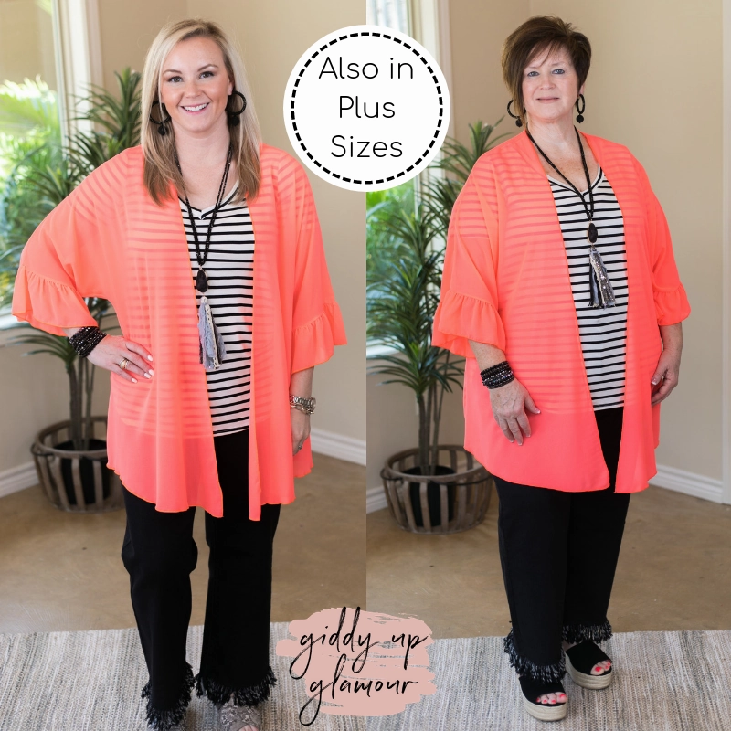 Desert Heat Tell Me About It Sheer Kimono with Ruffle Sleeves in Neon Coral
