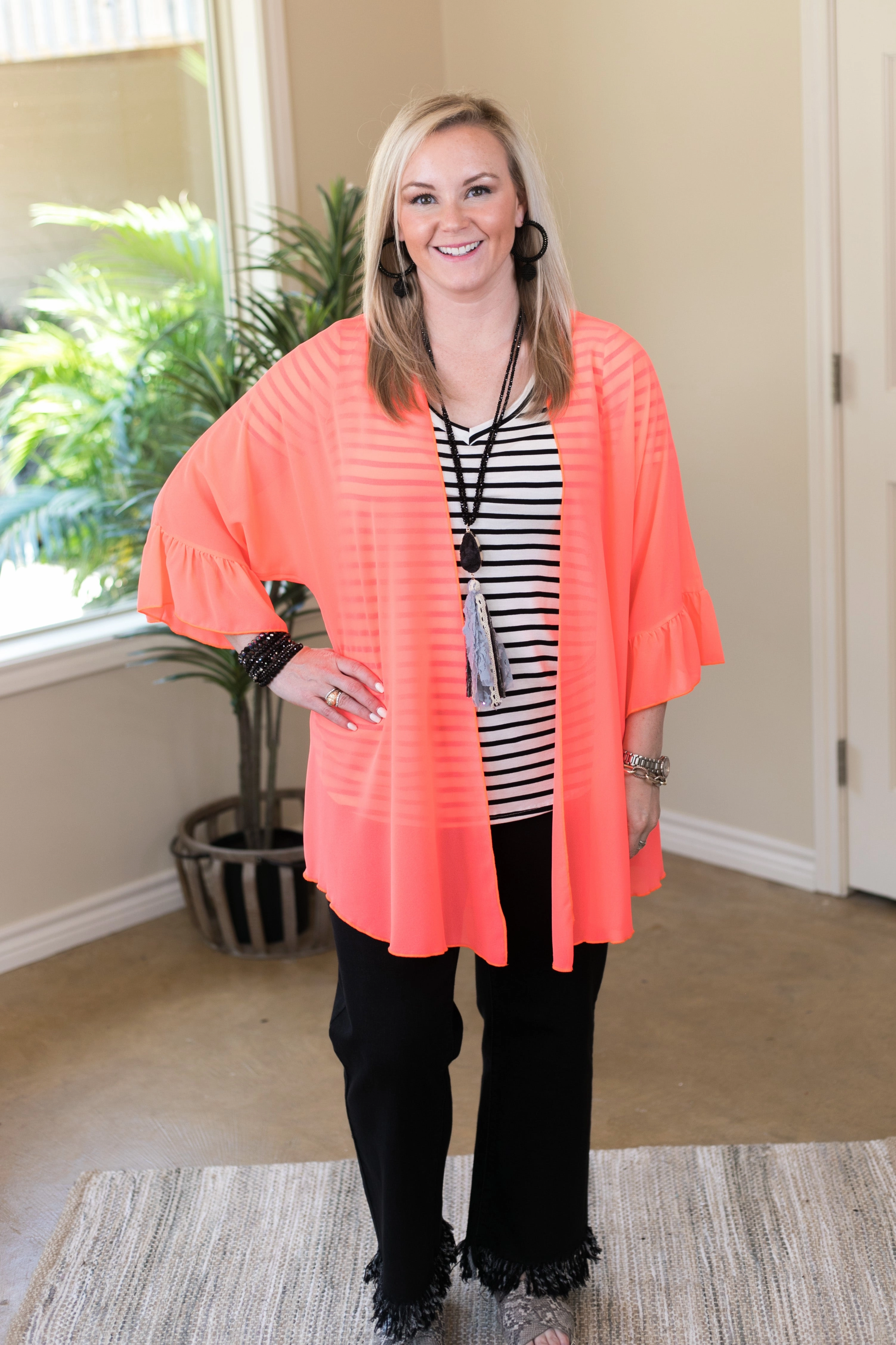 Tell Me About It Sheer Kimono with Ruffle Sleeves in Neon Coral Stretch Fit