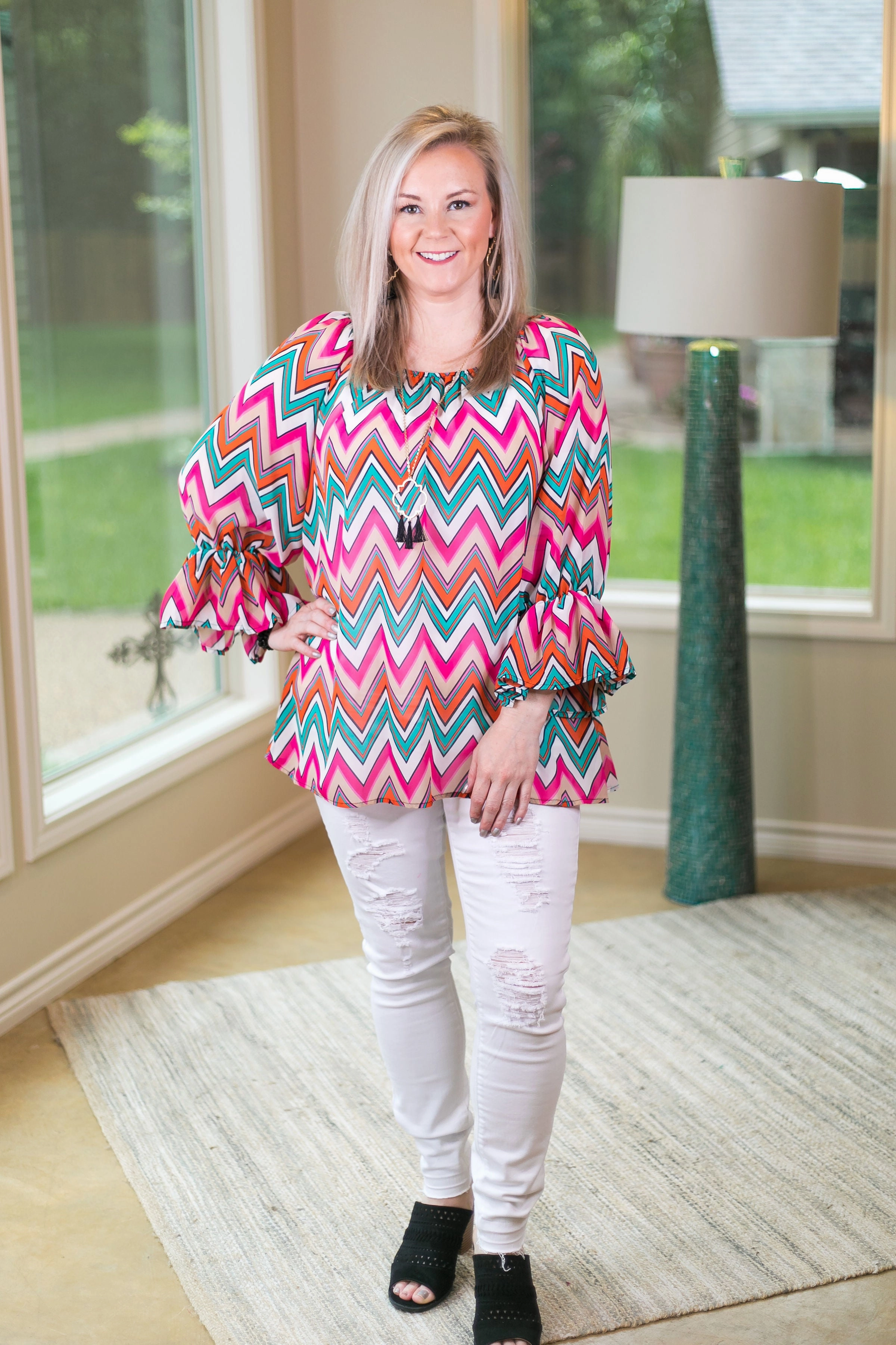 Roomy Design Last Chance Size Small & Med. | Sheer Chevron Top in Turquoise, Pink, and Orange