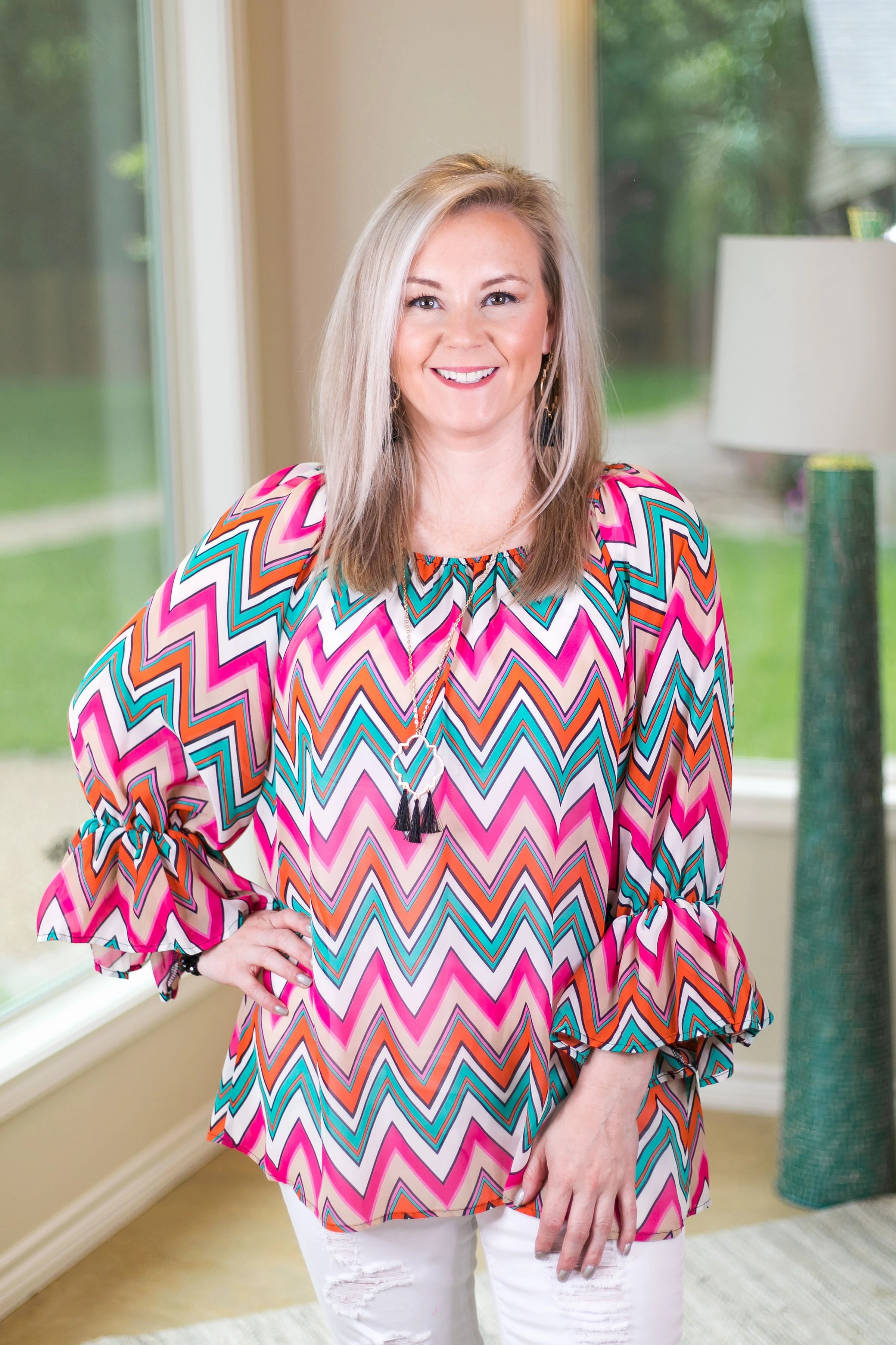 Still Soul Lightweight Feel Last Chance Size Small & Med. | Sheer Chevron Top in Turquoise, Pink, and Orange