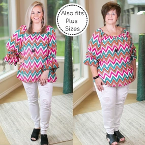 Last Chance Size Small & Med. | Sheer Chevron Top in Turquoise, Pink, and Orange AdjustableWaistband