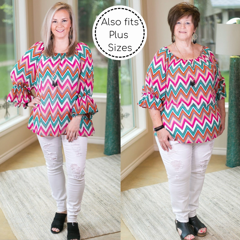 Last Chance Size Small & Med. | Sheer Chevron Top in Turquoise, Pink, and Orange AdjustableWaistband