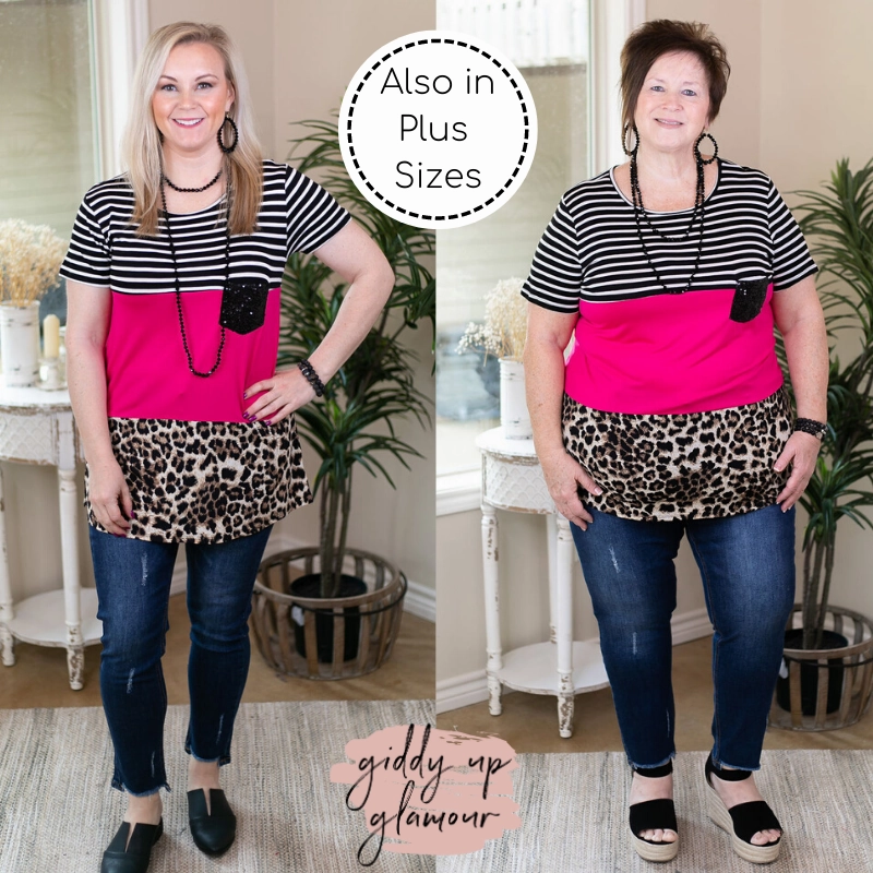 Last Chance Size Small & Medium | Look At Me Now Leopard Print & Stripe Color Block Top with Sequin Pocket in Hot Pink Spark Glow Versatile Clothing