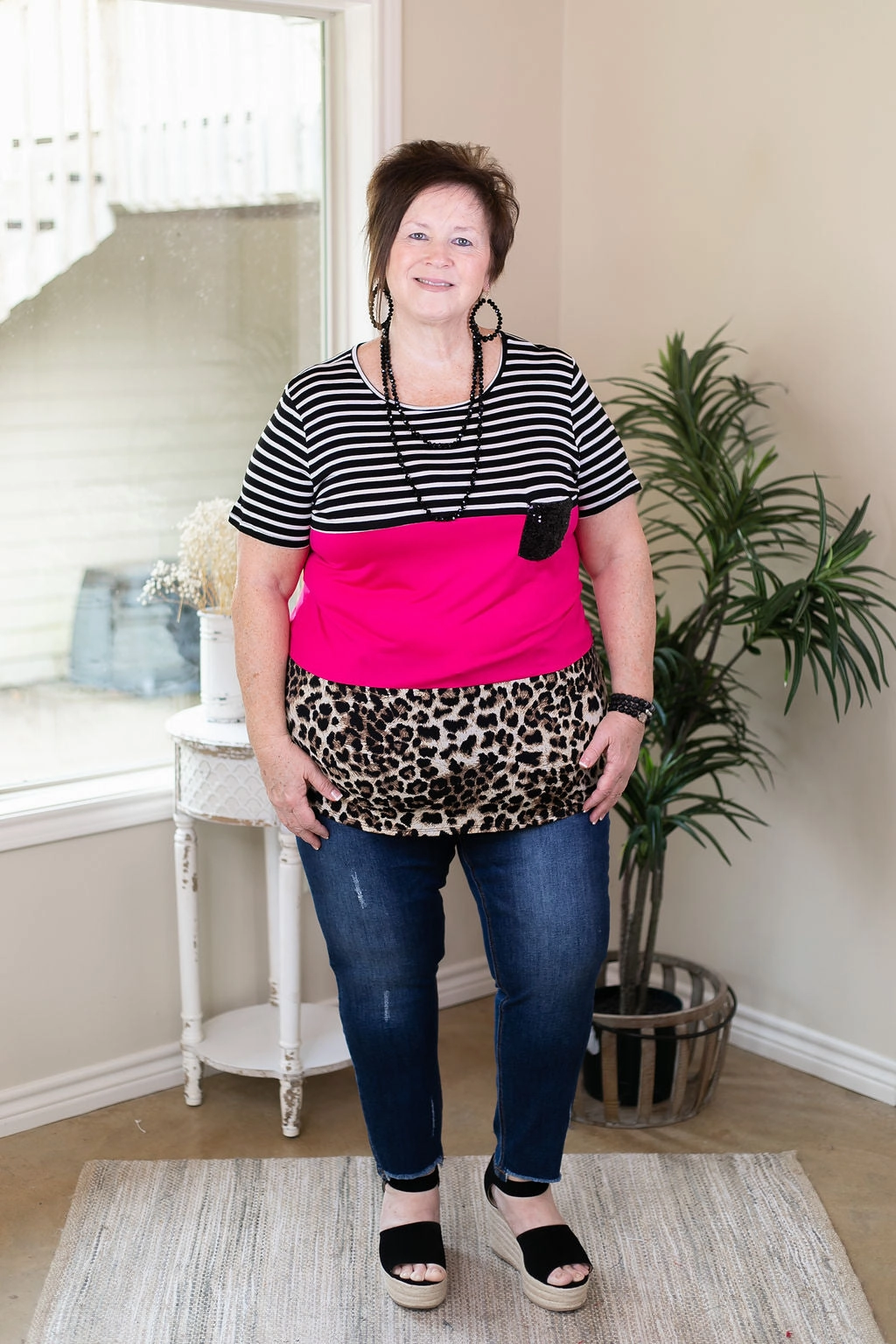 DurableWeave Last Chance Size Small & Medium | Look At Me Now Leopard Print & Stripe Color Block Top with Sequin Pocket in Hot Pink