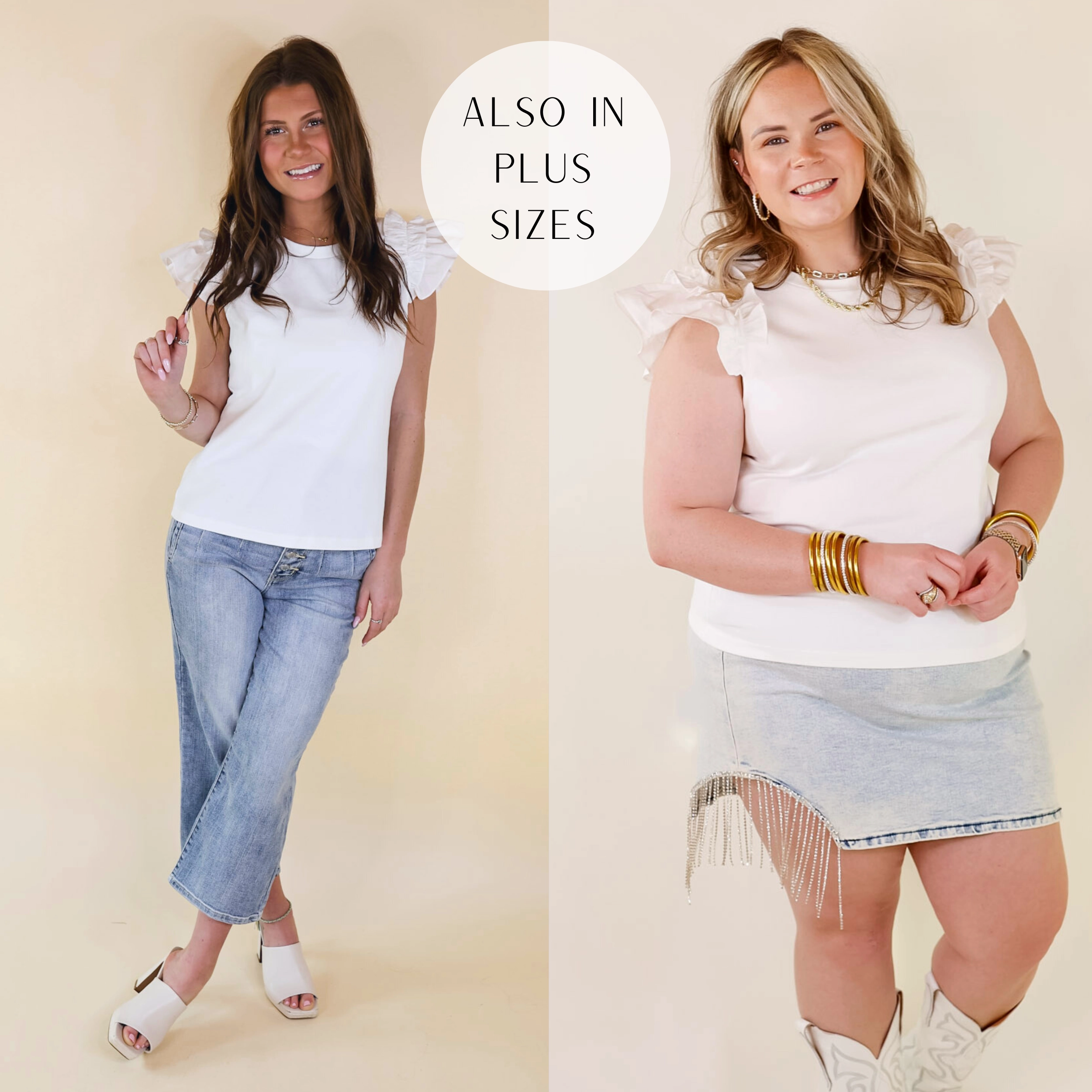 AI Core Born To Be Stylish Solid Top with Ruffle Cap Sleeves in Ivory