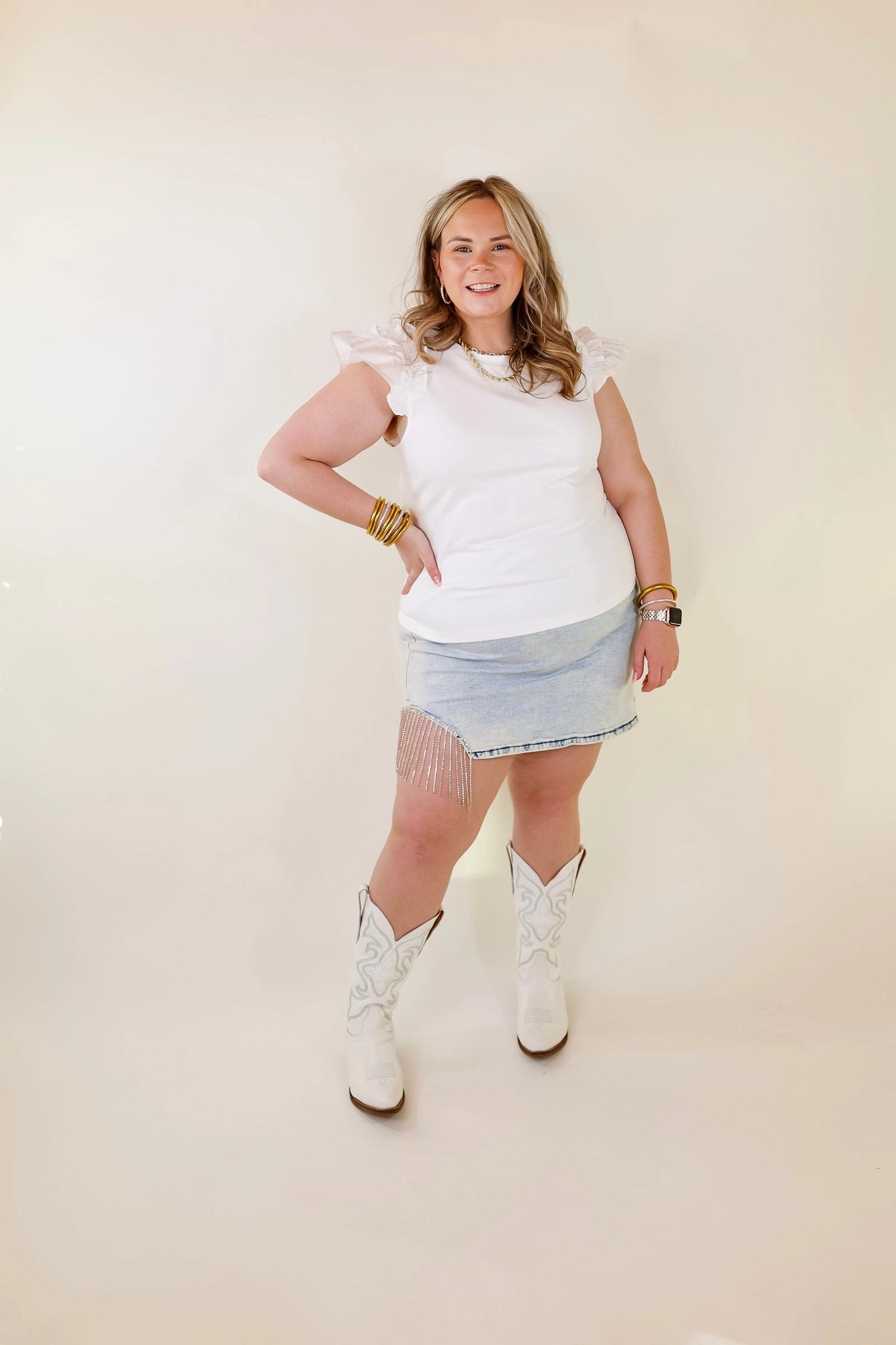 World Edge Simple Fashion Born To Be Stylish Solid Top with Ruffle Cap Sleeves in Ivory