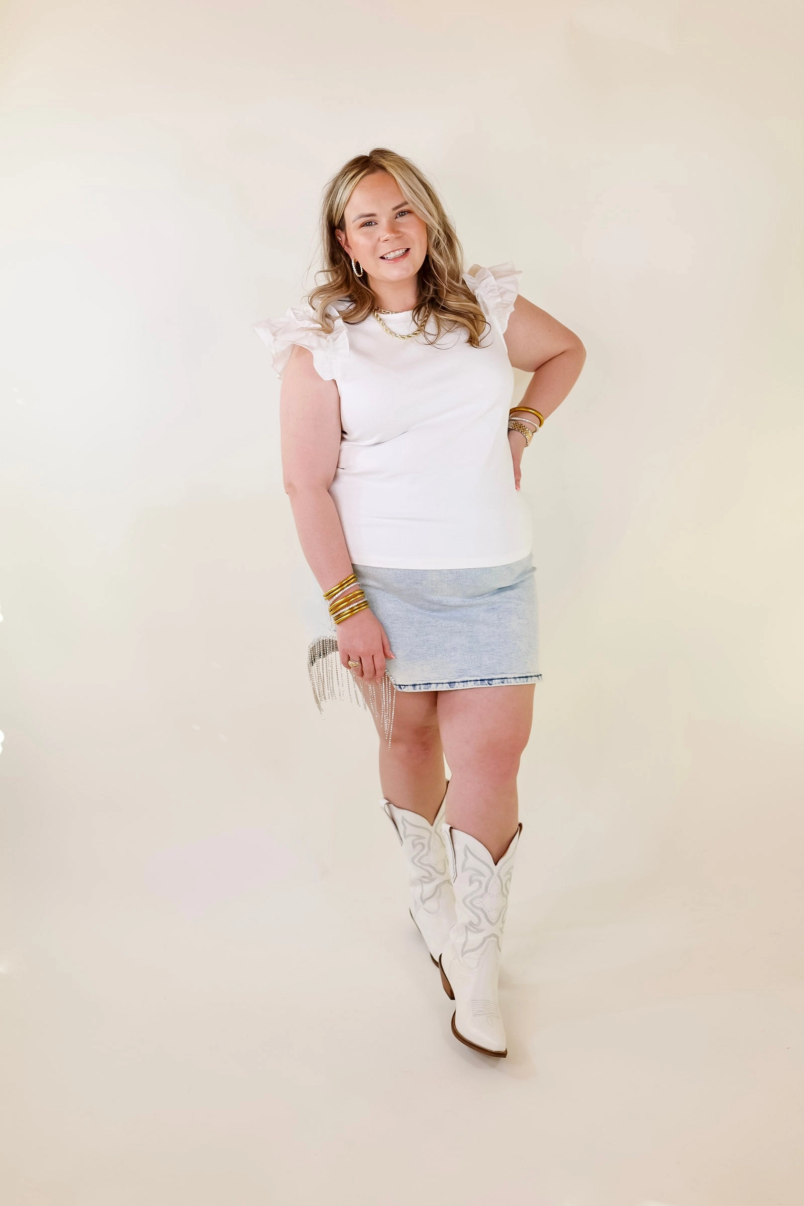 Born To Be Stylish Solid Top with Ruffle Cap Sleeves in Ivory Low Care Skin Hug