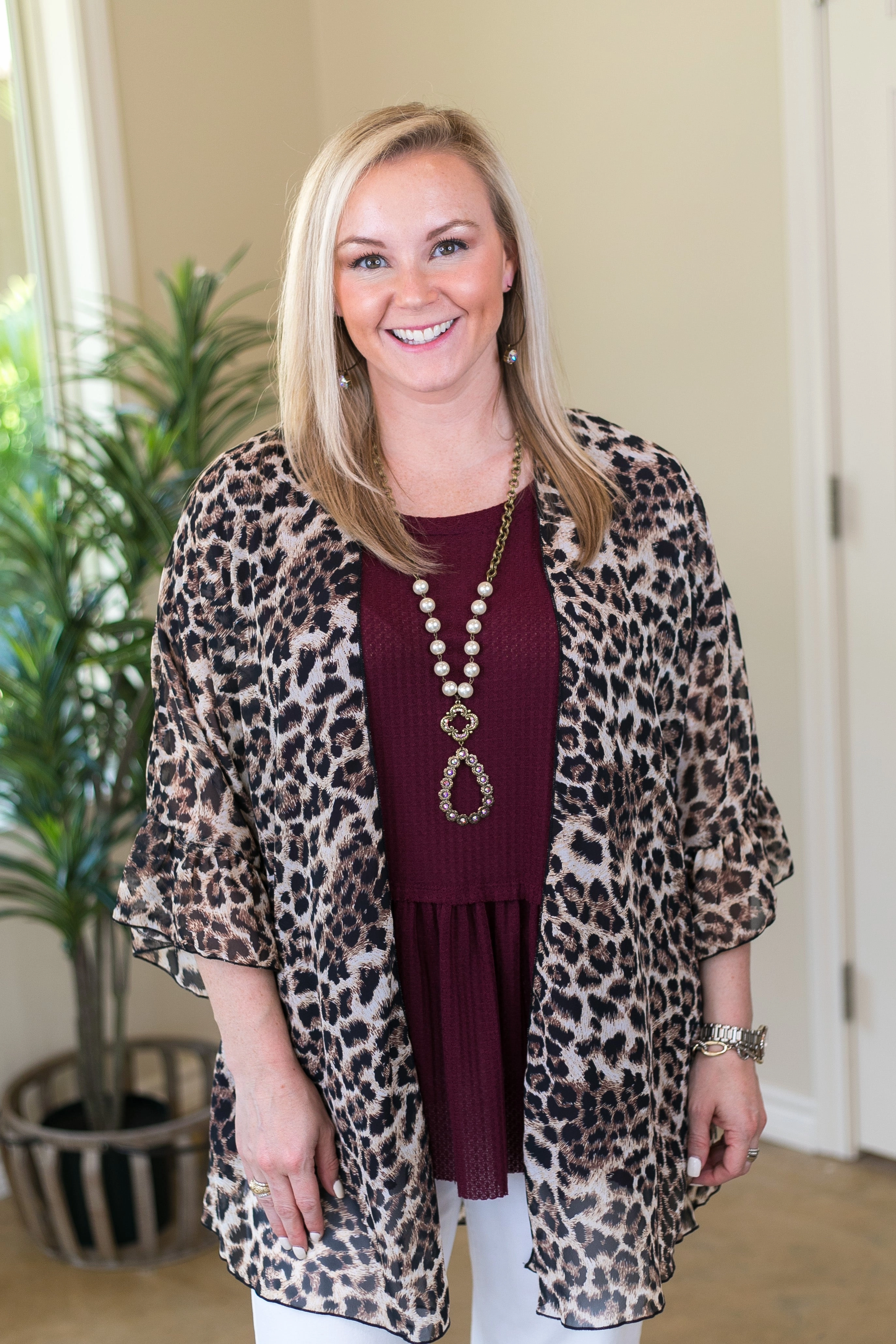 Last Chance Size Small & Medium | Tell Me About It Sheer Kimono with Ruffle Sleeves in Leopard Gentle Breeze StretchableFabric