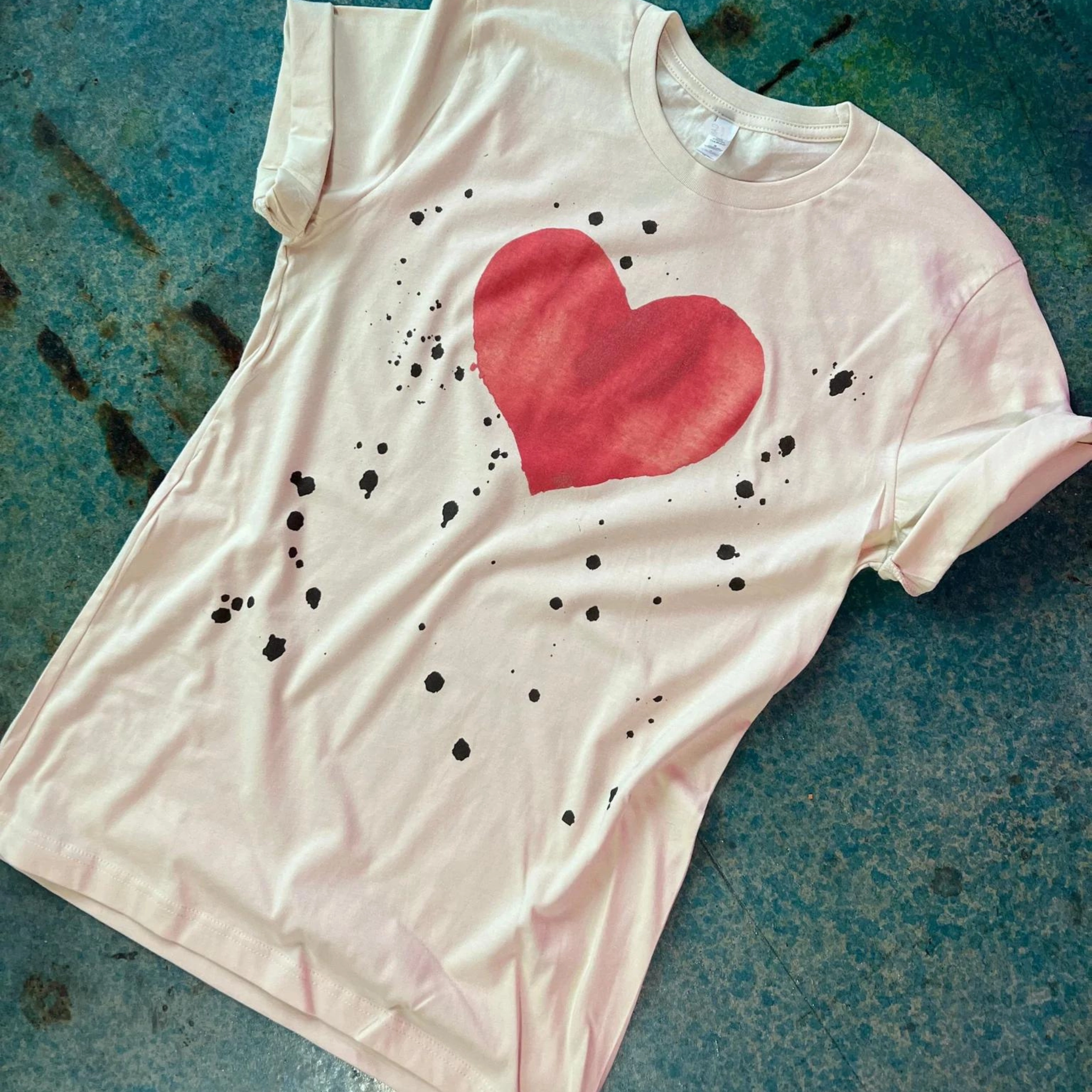 Timeless Must-Have Online Exclusive | Valentine Heart Short Sleeve Graphic Tee with Black Splatter Paint in Cream