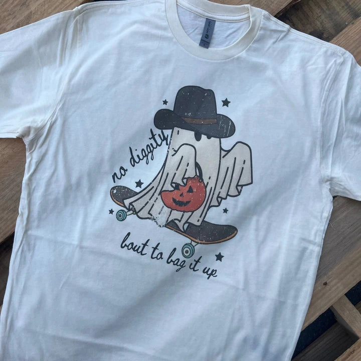 Online Exclusive | No Digity, About to Bag It Up Halloween Ghost Short Sleeve Graphic Tee in White Wrinkle Resistant Texture