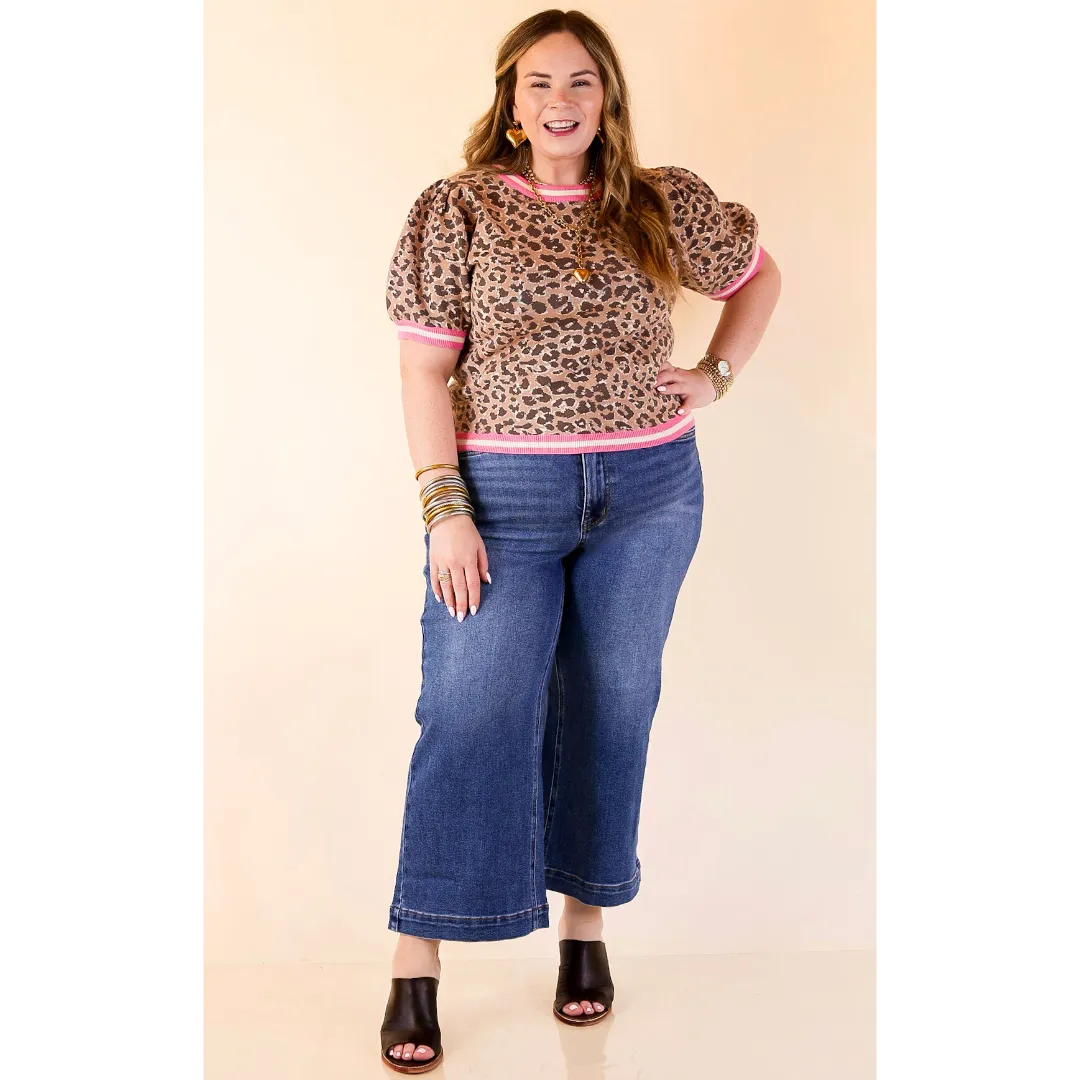 Wrinkle resistant fabric Feline Fine Leopard Print Short Sleeve Sweater with Contrast Trim in Pink