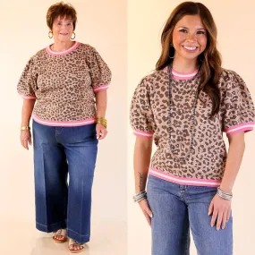 Feline Fine Leopard Print Short Sleeve Sweater with Contrast Trim in Pink StretchComfort Sport Hoodie