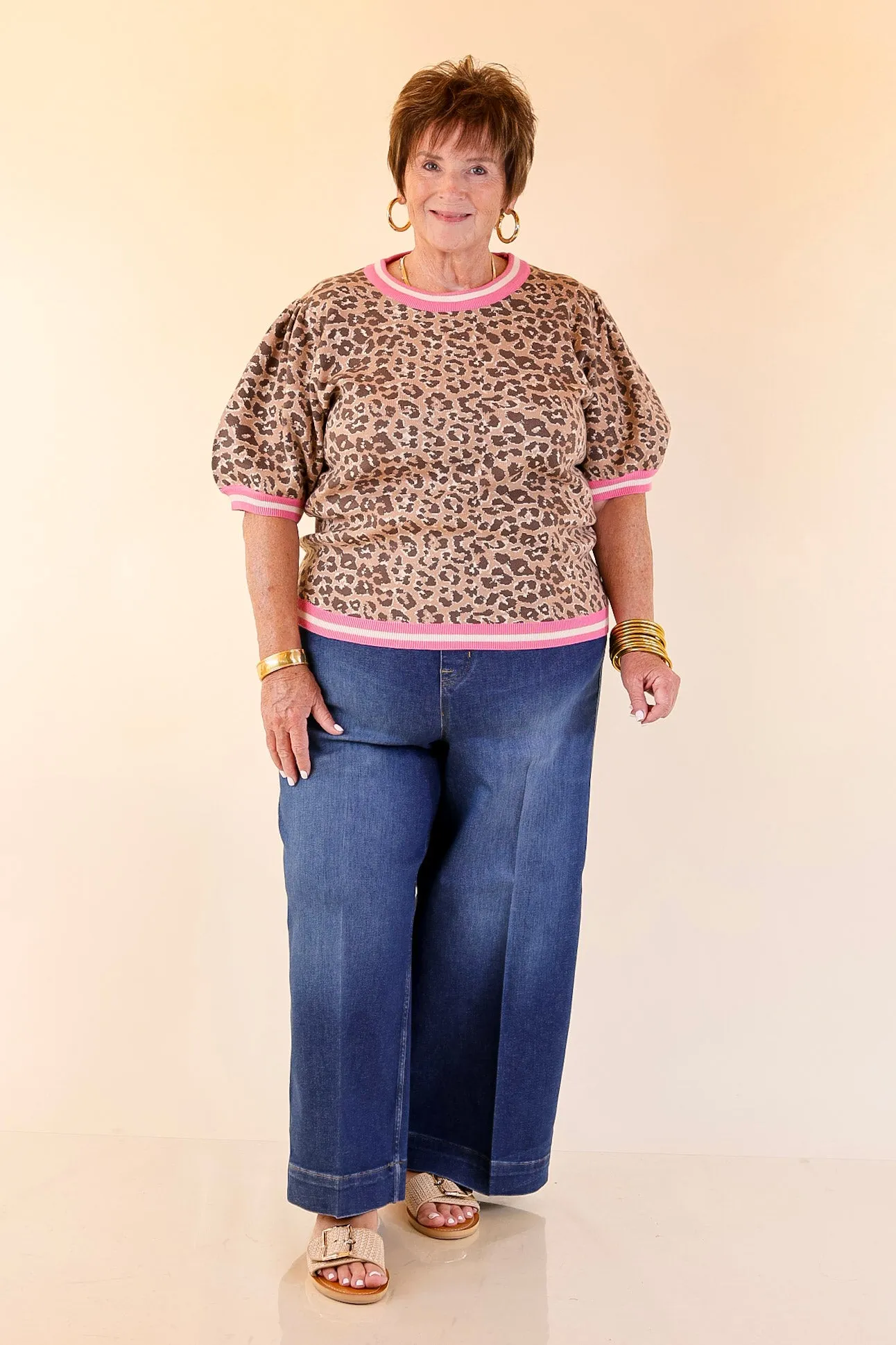Anti Fade Technology Feline Fine Leopard Print Short Sleeve Sweater with Contrast Trim in Pink
