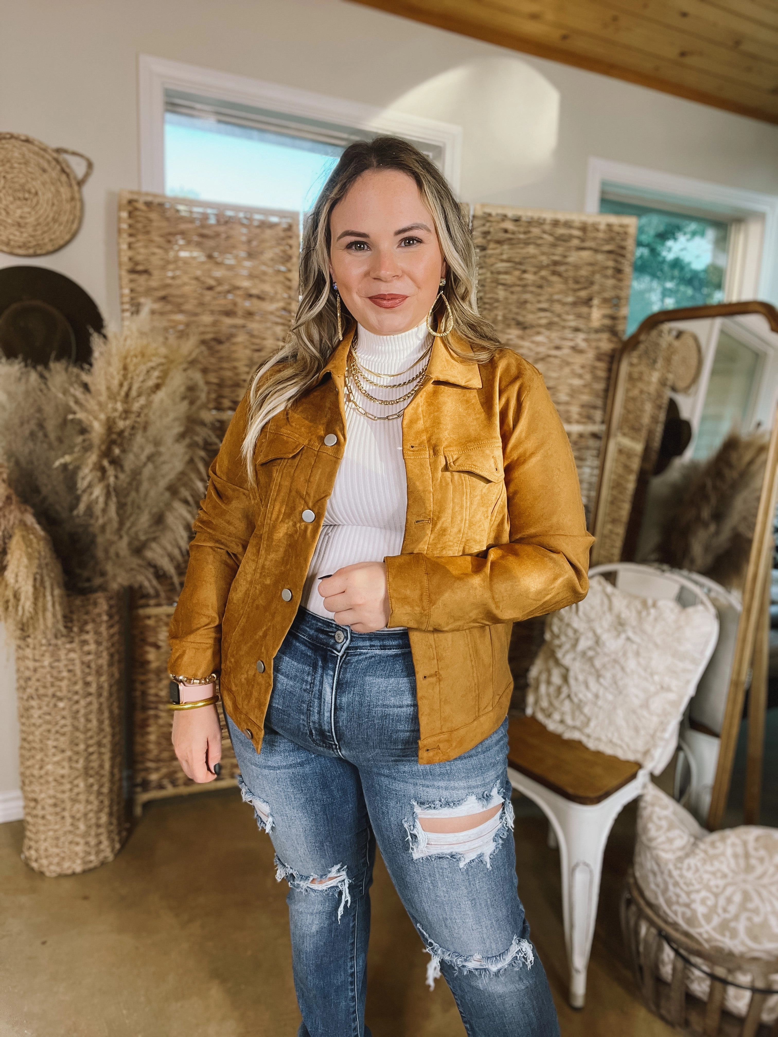 MultiPocket System Small Town Girl Floral Embroidered Suede Button Up Jacket in Camel Brown