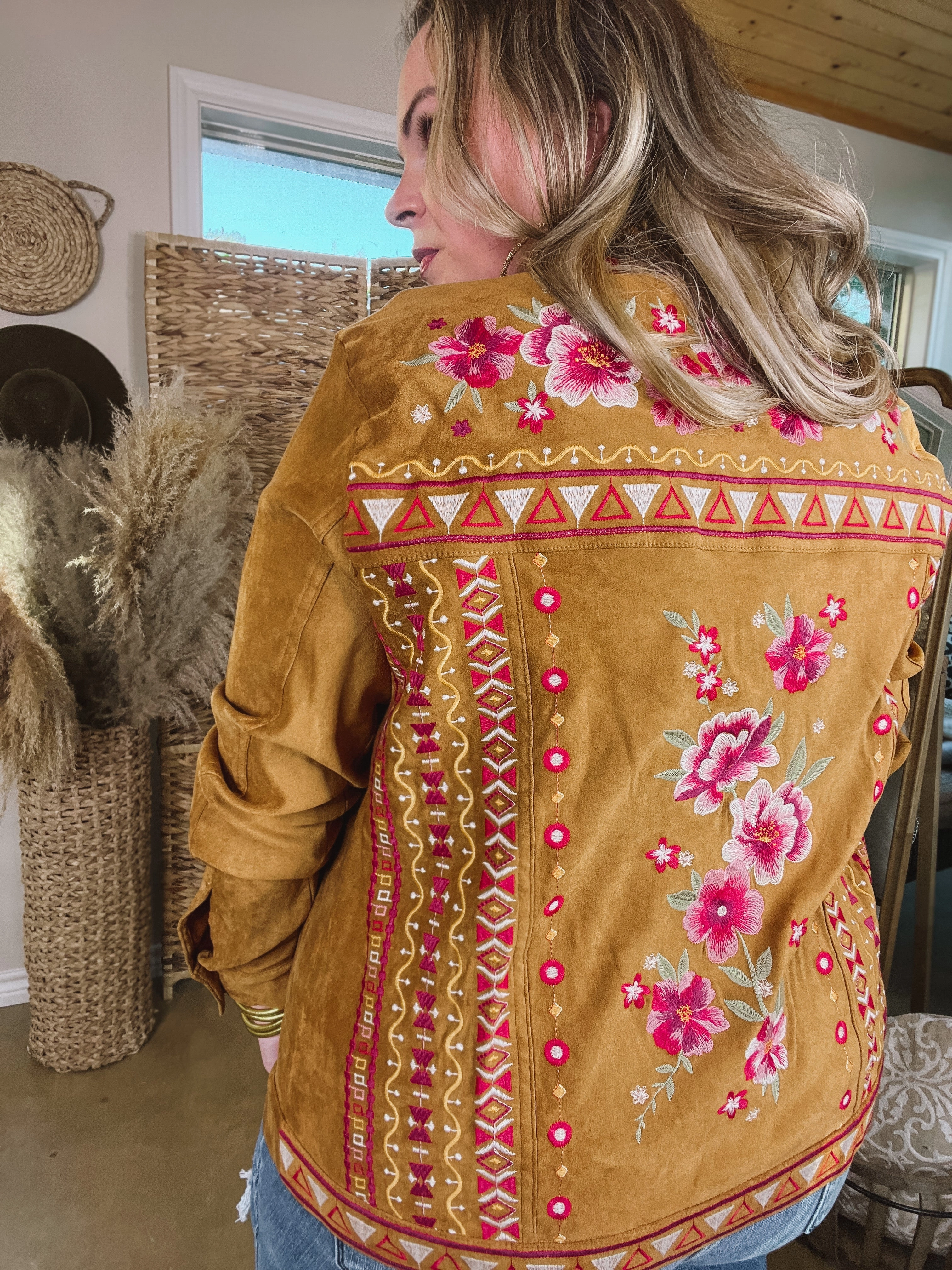 Small Town Girl Floral Embroidered Suede Button Up Jacket in Camel Brown Organic Cotton Certification
