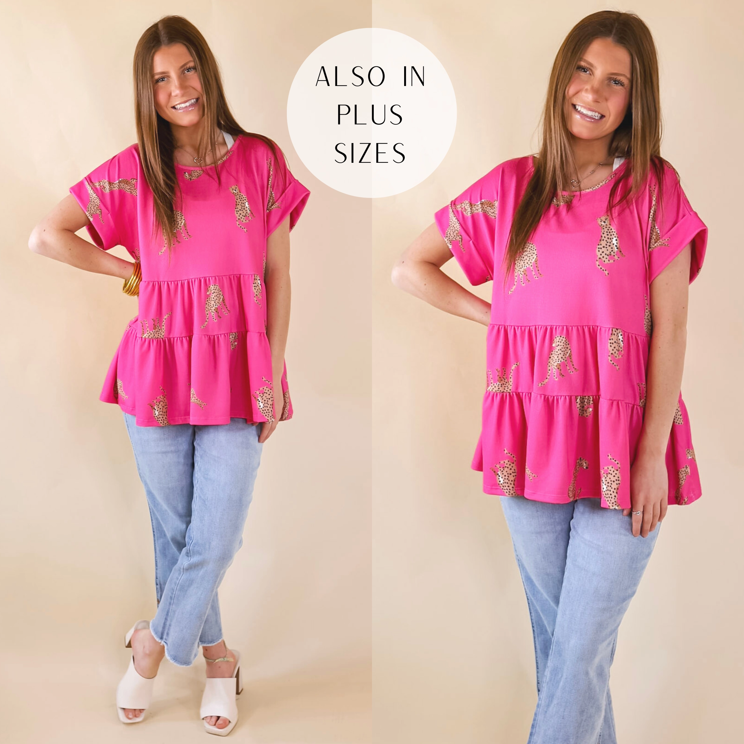 Vacation Mood Feeling Wild Cheetah Print Tiered Babydoll Top in Hot Pink