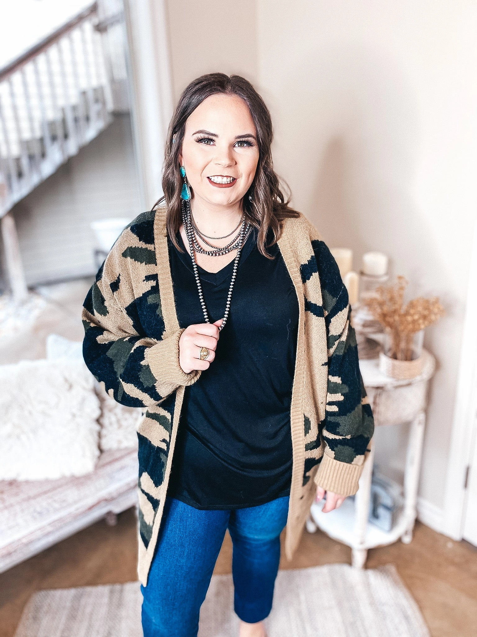 Organza Fit Family Style Missing You Camouflage Long Sleeve Open Front Cardigan in Olive Green