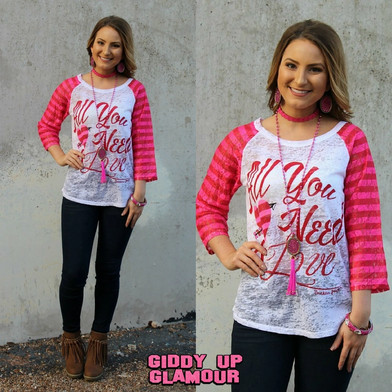 Laid-Back Outfit All You Need is Love Valentine's Baseball Burnout with Pink Stripe Sleeves