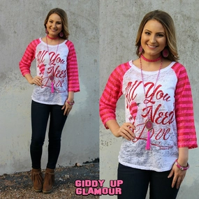 Laid-Back Outfit All You Need is Love Valentine's Baseball Burnout with Pink Stripe Sleeves