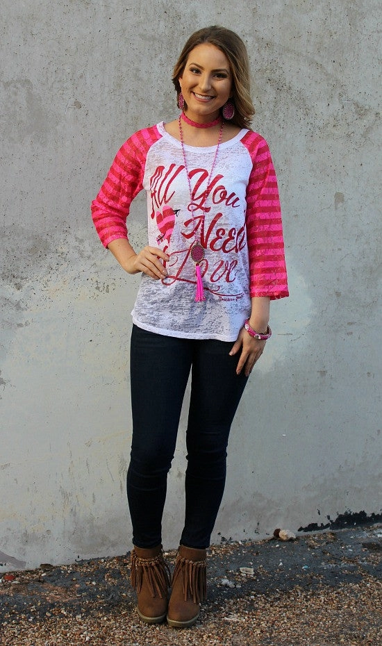 All You Need is Love Valentine's Baseball Burnout with Pink Stripe Sleeves Dry Touch