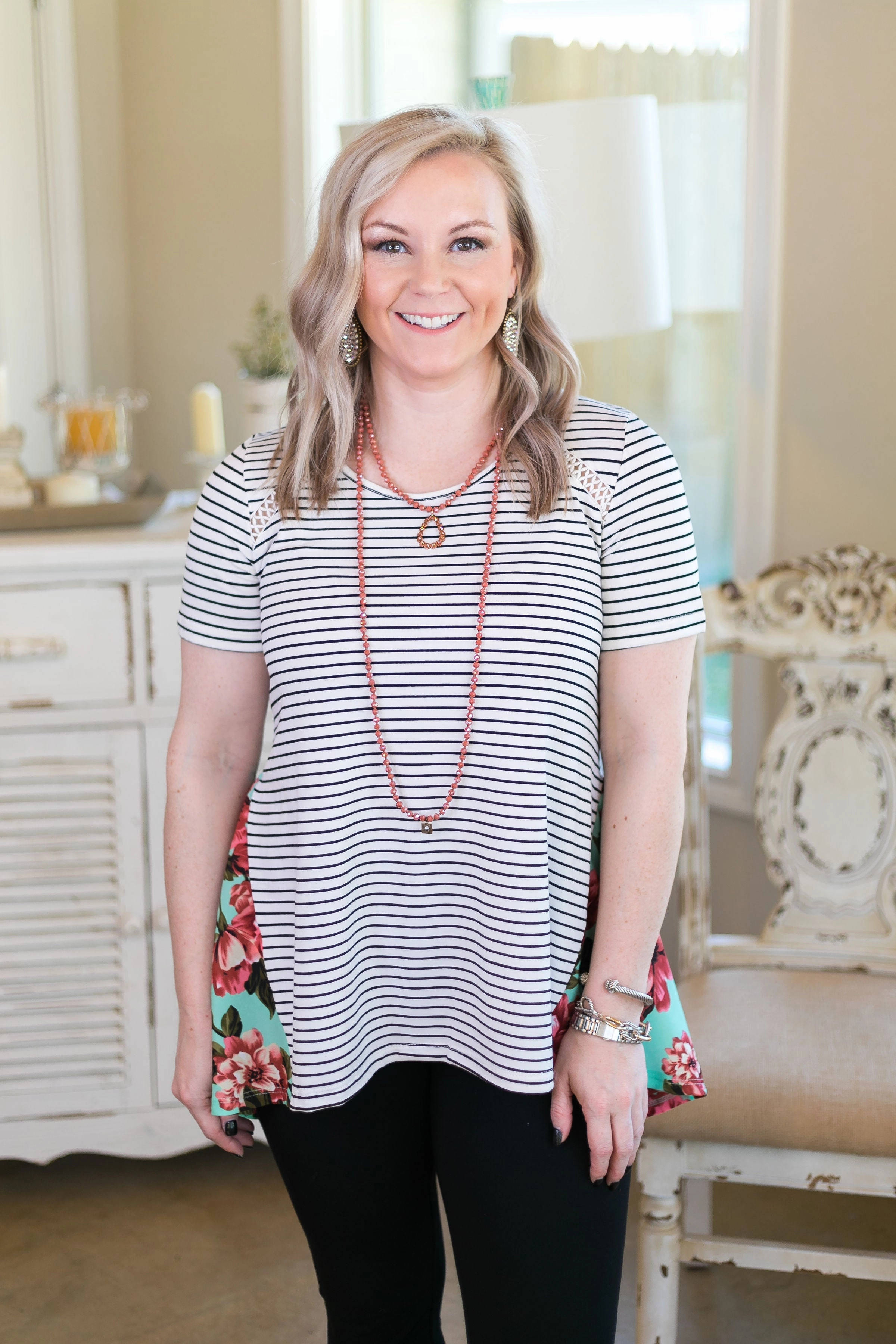 Street Icon SoftTouch Last Chance Size Small | Days Gone By Stripe Short Sleeve Top with Floral Backside in Mint