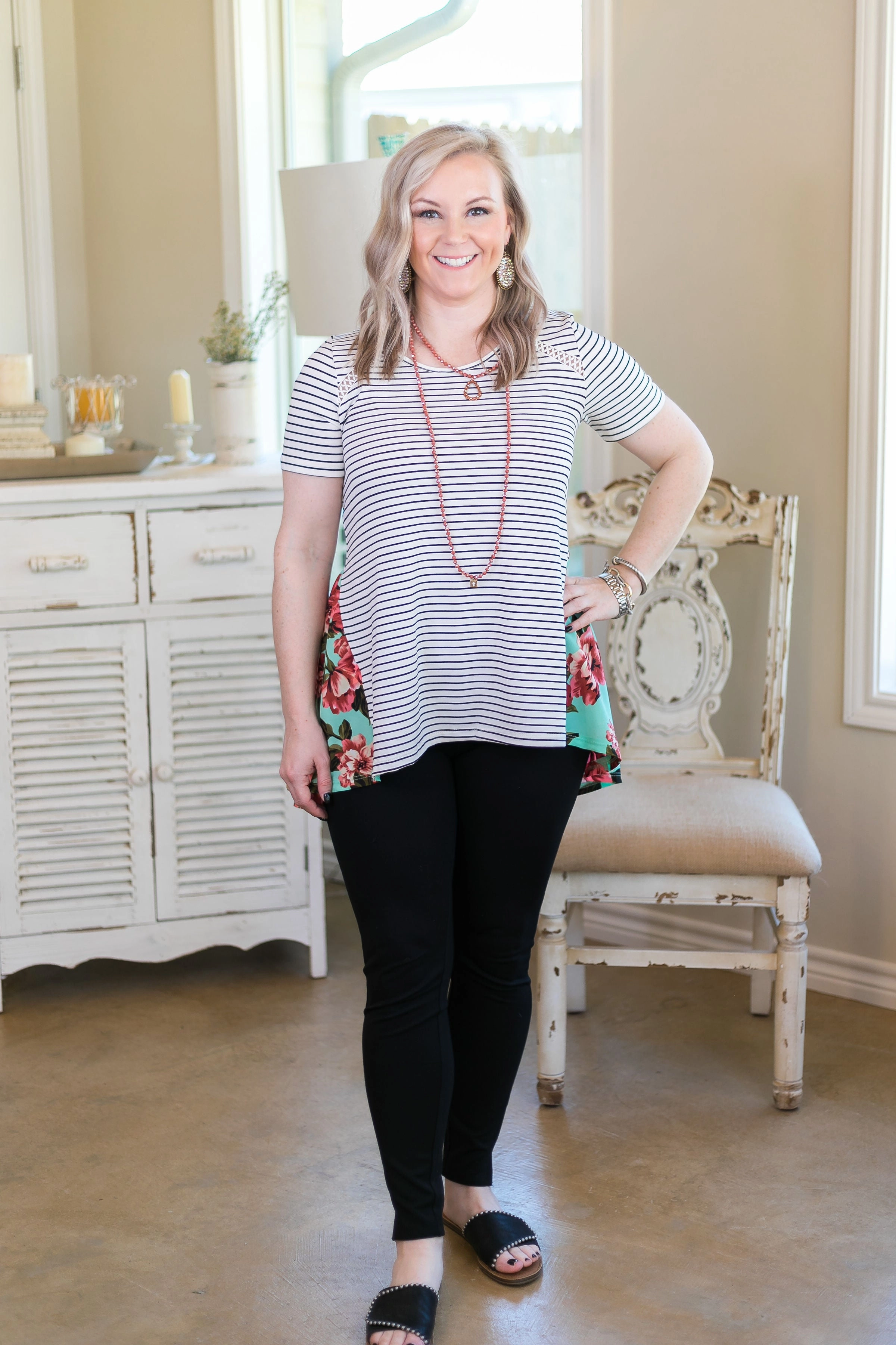 Wide Glow Smart Glow Last Chance Size Small | Days Gone By Stripe Short Sleeve Top with Floral Backside in Mint