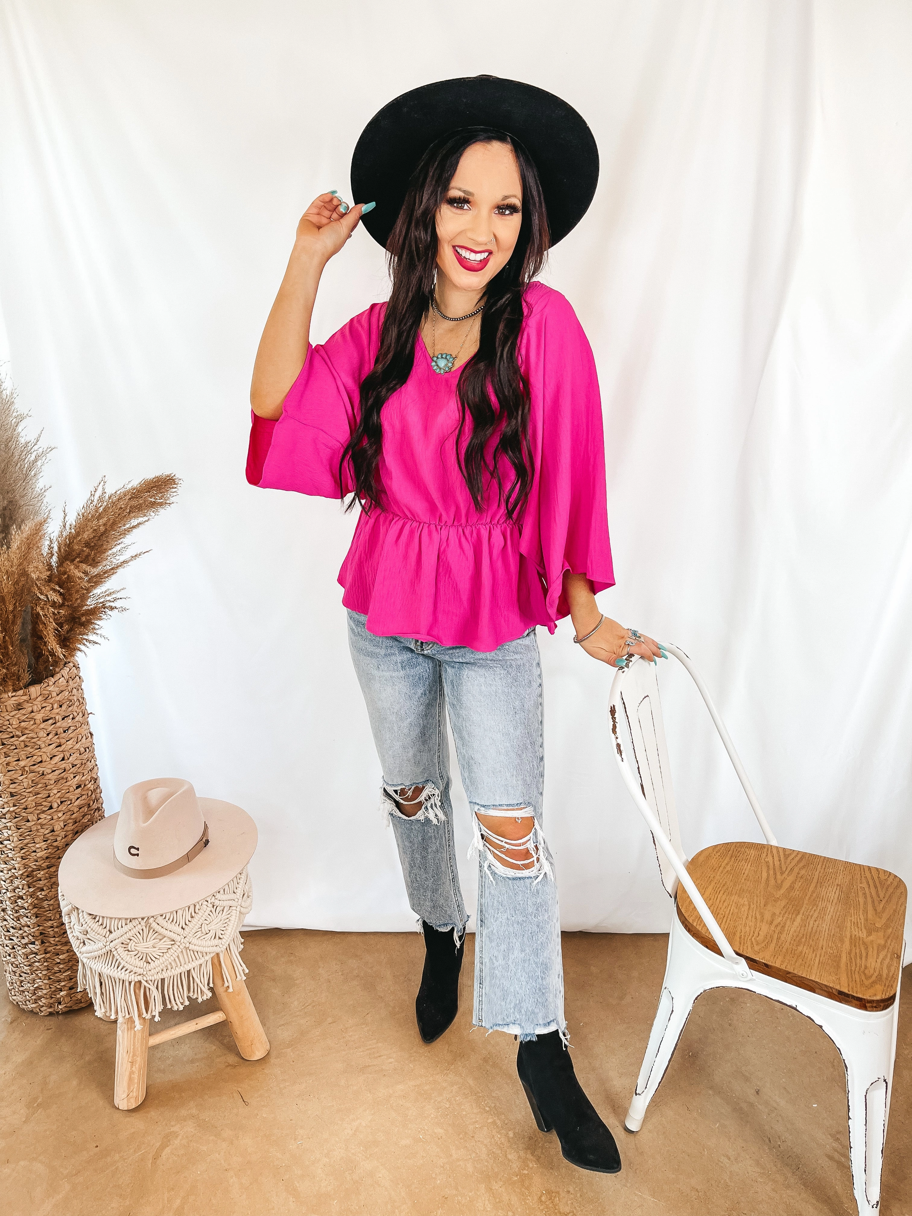Reinforced Hem Last Chance Size Small | Switch It Up 3/4 Drop Sleeve Peplum Blouse in Fuchsia Pink